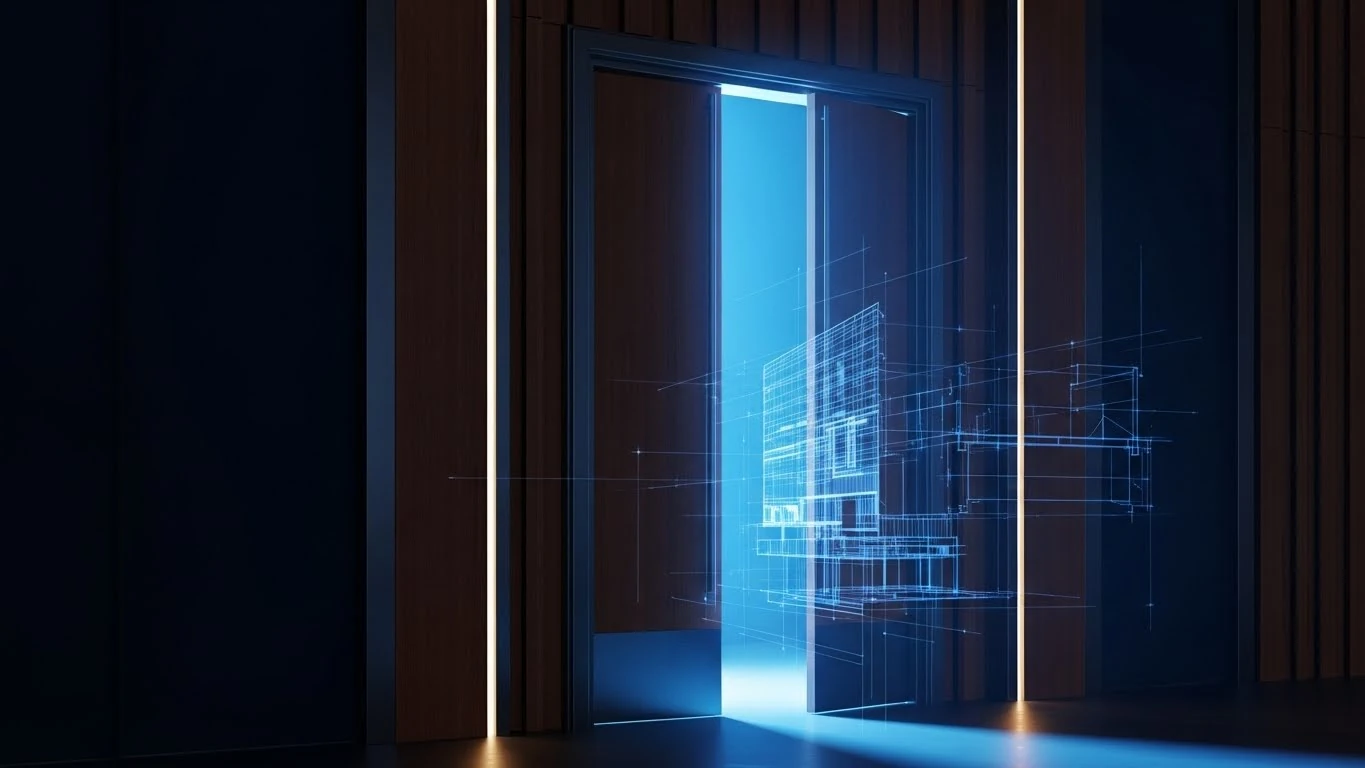 Puerta simbólica al futuro de la arquitectura con iluminación azul tecnológica