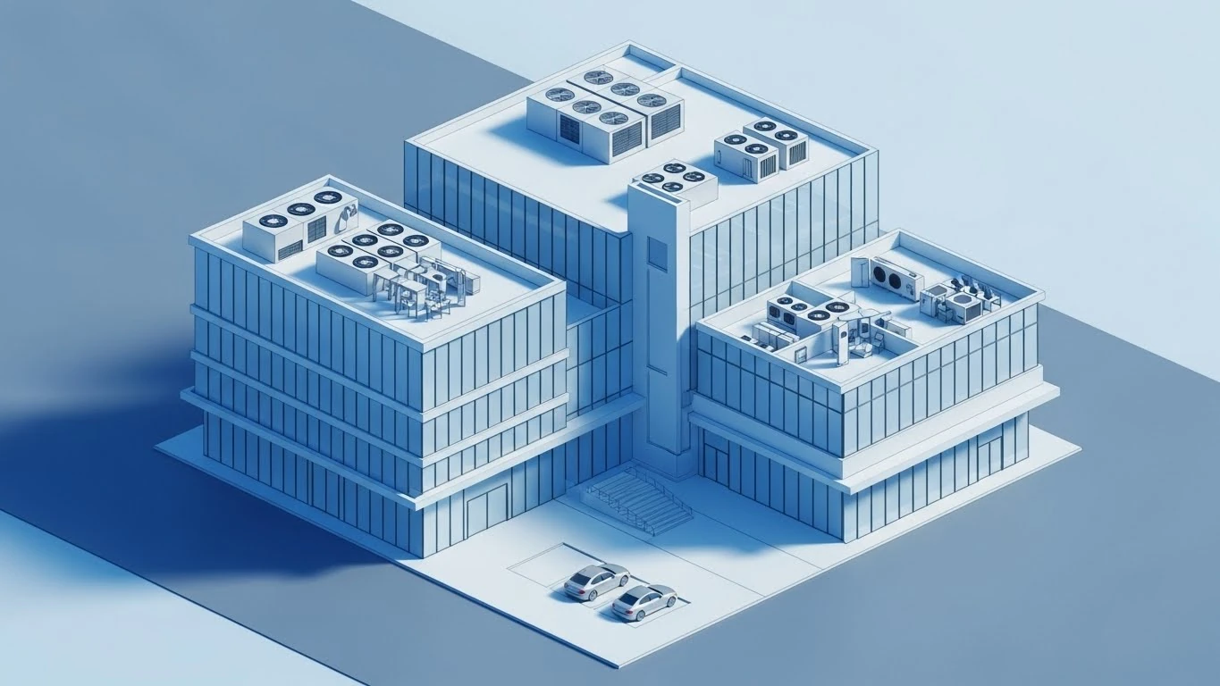 Representación visual de tecnología VRF integrada al diseño arquitectónico contemporáneo
